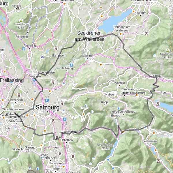 Miniaturekort af cykelinspirationen "Landevejscykelruten fra Siezenheim" i Salzburg, Austria. Genereret af Tarmacs.app cykelruteplanlægger