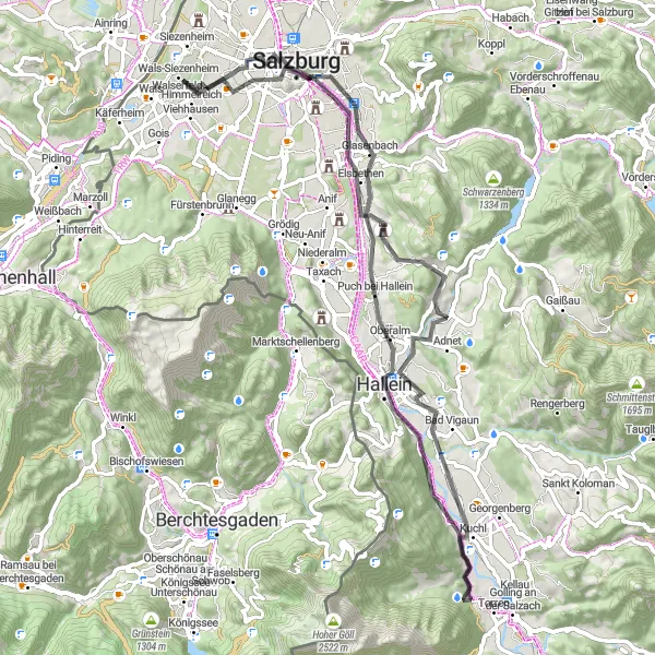 Mapa miniatúra "Cyklotrasa cez Salzburg a Hallein" cyklistická inšpirácia v Salzburg, Austria. Vygenerované cyklistickým plánovačom trás Tarmacs.app