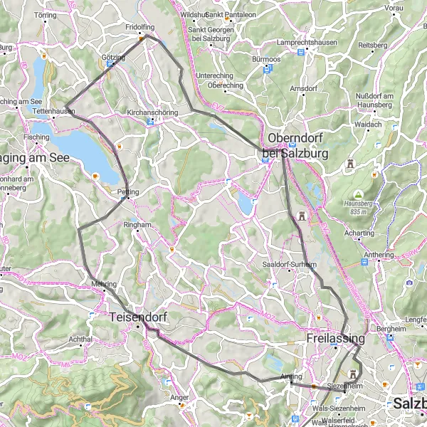 Mapa miniatúra "Pohodlná cyklotrasa cez Salzburgský región" cyklistická inšpirácia v Salzburg, Austria. Vygenerované cyklistickým plánovačom trás Tarmacs.app