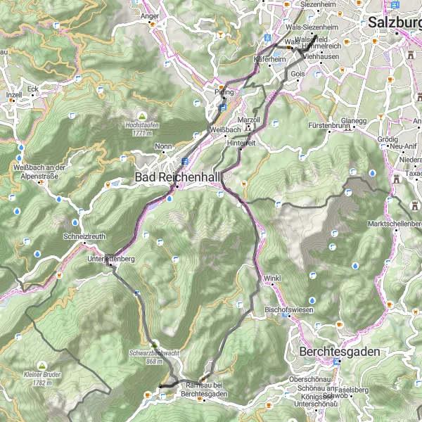 Map miniature of "Route 204811: Großgmain - Ramsau bei Berchtesgaden - Bad Reichenhall" cycling inspiration in Salzburg, Austria. Generated by Tarmacs.app cycling route planner