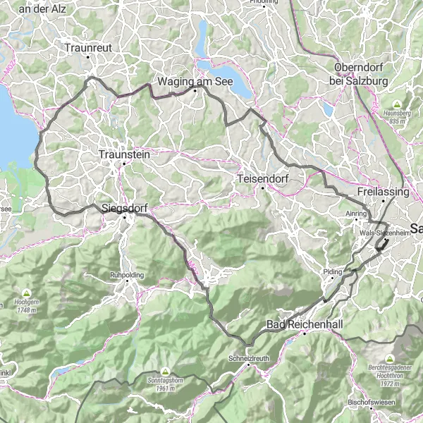 Map miniature of "Route 217839: Ruine Karlstein - Waging am See" cycling inspiration in Salzburg, Austria. Generated by Tarmacs.app cycling route planner