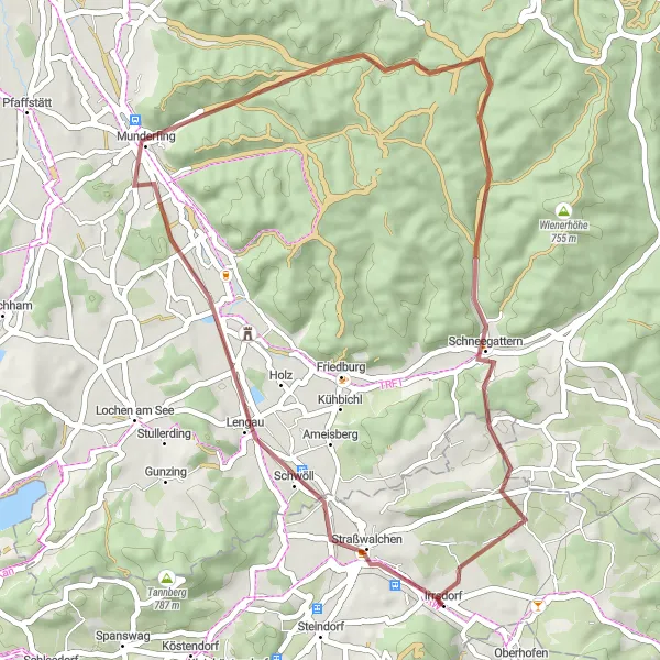 Zemljevid v pomanjšavi "Gravel izziv do Lengaua" kolesarske inspiracije v Salzburg, Austria. Generirano z načrtovalcem kolesarskih poti Tarmacs.app