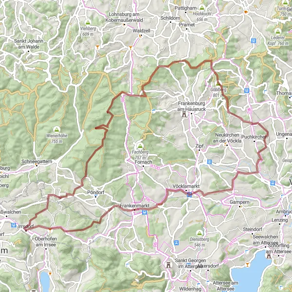 Miniaturní mapa "Adrenalin na kole kolem Strasswalchenu" inspirace pro cyklisty v oblasti Salzburg, Austria. Vytvořeno pomocí plánovače tras Tarmacs.app