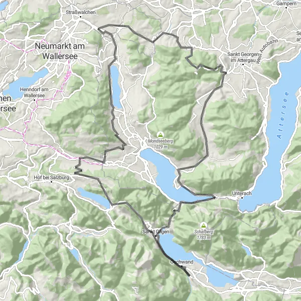 Miniaturní mapa "Cyklovýlet přes jezera a hory" inspirace pro cyklisty v oblasti Salzburg, Austria. Vytvořeno pomocí plánovače tras Tarmacs.app