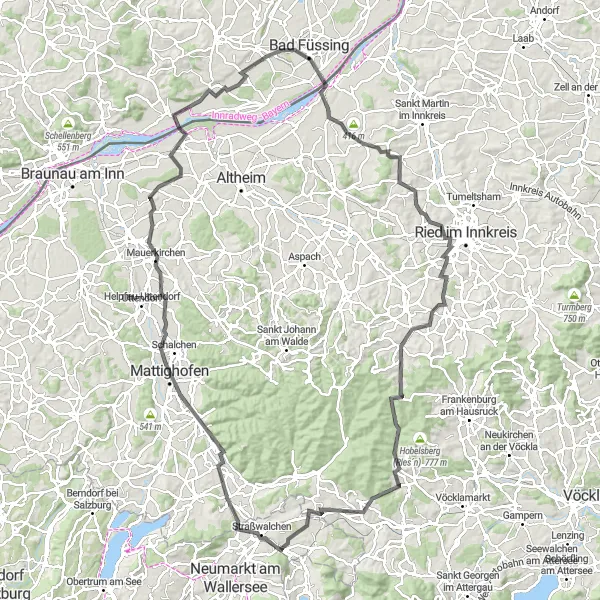 Miniatura della mappa di ispirazione al ciclismo "Giro in bicicletta tra le colline austriache" nella regione di Salzburg, Austria. Generata da Tarmacs.app, pianificatore di rotte ciclistiche