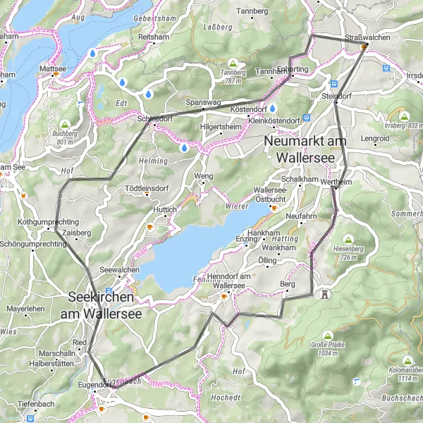 Mapa miniatúra "Road Cycling Adventure near Strasswalchen" cyklistická inšpirácia v Salzburg, Austria. Vygenerované cyklistickým plánovačom trás Tarmacs.app