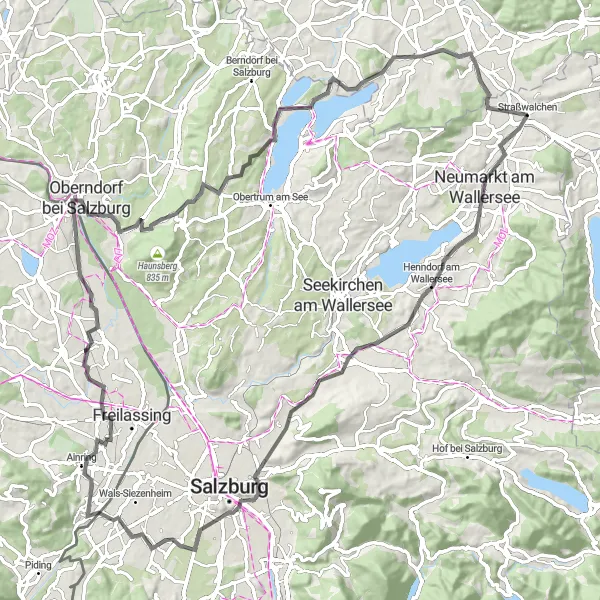 Miniatura della mappa di ispirazione al ciclismo "Itinerario delle Colline Salisburghesi" nella regione di Salzburg, Austria. Generata da Tarmacs.app, pianificatore di rotte ciclistiche