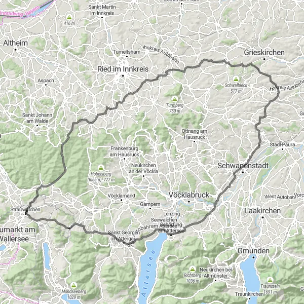 Mapa miniatúra "Epic Cycling Adventure to Attersee" cyklistická inšpirácia v Salzburg, Austria. Vygenerované cyklistickým plánovačom trás Tarmacs.app