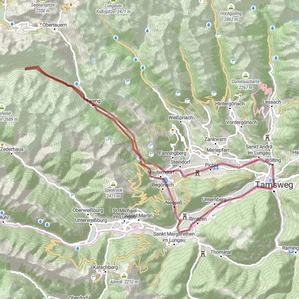 Miniatuurkaart van de fietsinspiratie "Gravelroute naar Schloss Moosham en Rauchkogel" in Salzburg, Austria. Gemaakt door de Tarmacs.app fietsrouteplanner