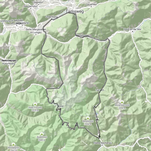 Mapa miniatúra "Okolo Tamswegu - horské cesty" cyklistická inšpirácia v Salzburg, Austria. Vygenerované cyklistickým plánovačom trás Tarmacs.app