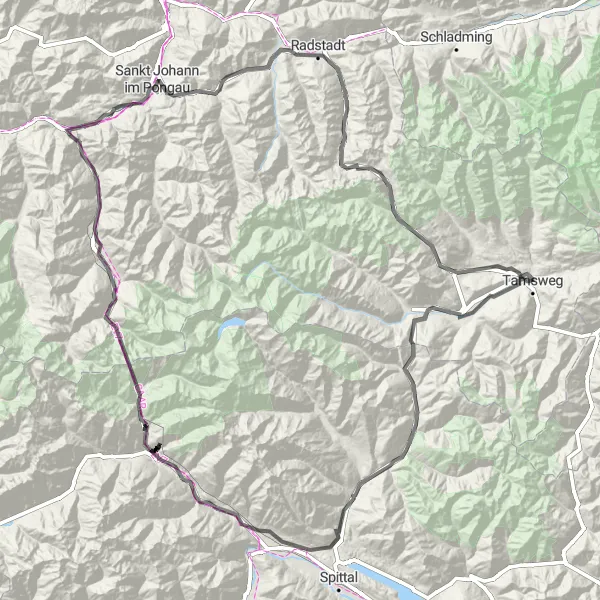 Mapa miniatúra "Významná cyklotrasa Salzburg - Obervellach" cyklistická inšpirácia v Salzburg, Austria. Vygenerované cyklistickým plánovačom trás Tarmacs.app