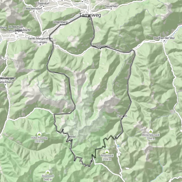 Kartminiatyr av "Den Majestetiske Murmuløypa" sykkelinspirasjon i Salzburg, Austria. Generert av Tarmacs.app sykkelrutoplanlegger