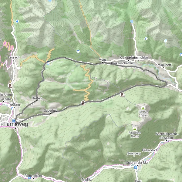 Miniatua del mapa de inspiración ciclista "Ruta de ciclismo de carretera Tamsweg-Hofer Alm" en Salzburg, Austria. Generado por Tarmacs.app planificador de rutas ciclistas