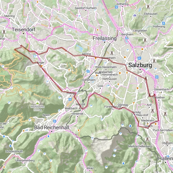 Kartminiatyr av "Grusvägar och Grodiga Landskap" cykelinspiration i Salzburg, Austria. Genererad av Tarmacs.app cykelruttplanerare