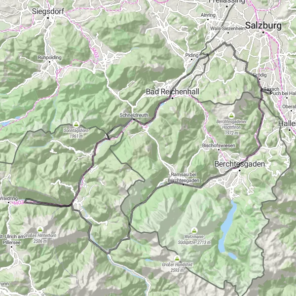 Karttaminiaatyyri "Tiukka tie liikenteessä" pyöräilyinspiraatiosta alueella Salzburg, Austria. Luotu Tarmacs.app pyöräilyreittisuunnittelijalla