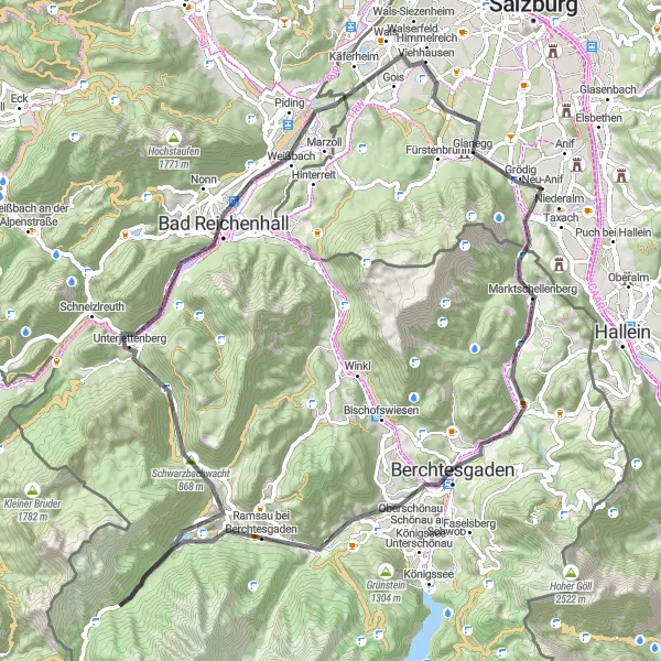Karttaminiaatyyri "Berchtesgaden Ring Road Cycling Tour" pyöräilyinspiraatiosta alueella Salzburg, Austria. Luotu Tarmacs.app pyöräilyreittisuunnittelijalla