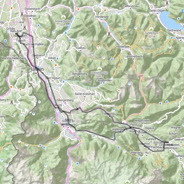 Kartminiatyr av "Slingrande Vägar och Historiska Platser" cykelinspiration i Salzburg, Austria. Genererad av Tarmacs.app cykelruttplanerare