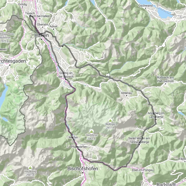 Miniatua del mapa de inspiración ciclista "Ruta de ciclismo de carretera por los Alpes austríacos" en Salzburg, Austria. Generado por Tarmacs.app planificador de rutas ciclistas