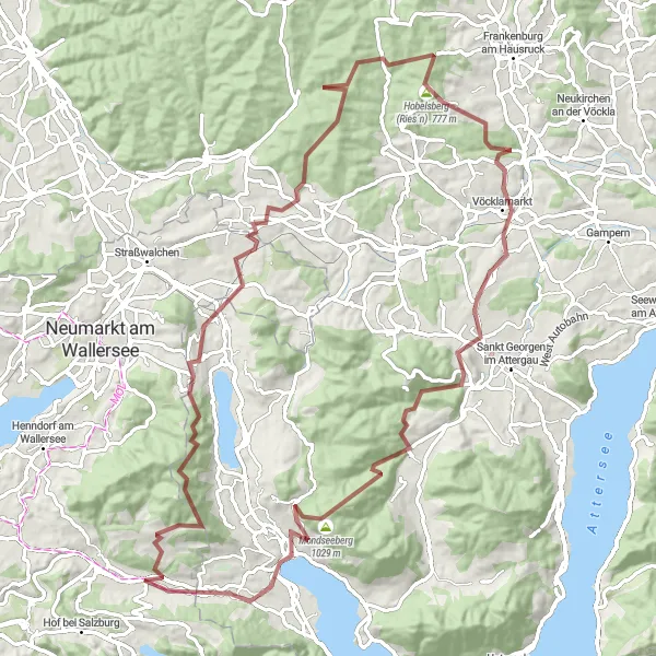 Mapa miniatúra "Gravel dobrodružstvo cez Burgruine Wildenegg a Vöcklamarkt" cyklistická inšpirácia v Salzburg, Austria. Vygenerované cyklistickým plánovačom trás Tarmacs.app
