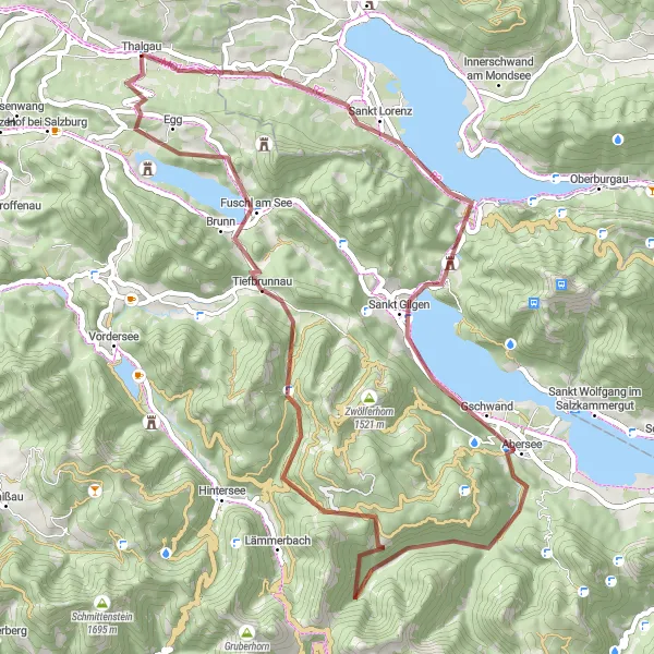 Miniatua del mapa de inspiración ciclista "Ruta de ciclismo de grava Thalgau - Drachenwand - Sankt Lorenz - Nasenberg - Sankt Gilgen - Abersee - Königsbergalm - Königsberger Horn - Sonnberg - Fuschl am See - Alpenblick - Leithensiedlung - Thalgau" en Salzburg, Austria. Generado por Tarmacs.app planificador de rutas ciclistas
