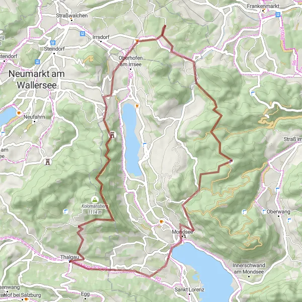 Miniatua del mapa de inspiración ciclista "Ruta de ciclismo de grava Thalgau - Kolomansberg - Burgruine Wildenegg - Oberhofen am Irrsee - Bahnhof - Lackenberg - Schloss Mondsee - Thalgau" en Salzburg, Austria. Generado por Tarmacs.app planificador de rutas ciclistas