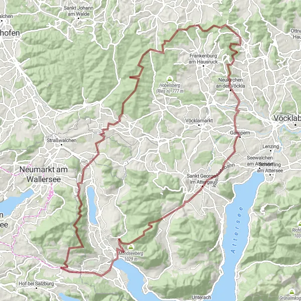 Mapa miniatúra "Dlhá gravel trasa cez Schloss Mondsee a burgruine Wildenegg" cyklistická inšpirácia v Salzburg, Austria. Vygenerované cyklistickým plánovačom trás Tarmacs.app