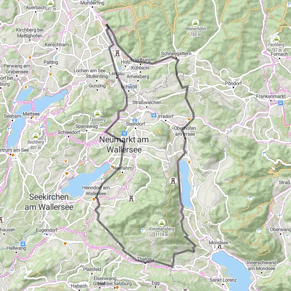 Map miniature of "The Lake Wallersee Circuit" cycling inspiration in Salzburg, Austria. Generated by Tarmacs.app cycling route planner