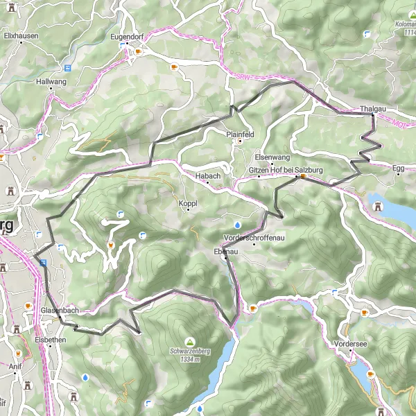 Karttaminiaatyyri "Salzburgin maantiepyöräilyreitti" pyöräilyinspiraatiosta alueella Salzburg, Austria. Luotu Tarmacs.app pyöräilyreittisuunnittelijalla