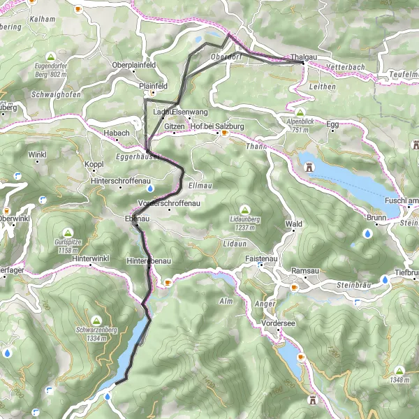 Miniatua del mapa de inspiración ciclista "Ruta de ciclismo de carretera Thalgau - Plötz - Reischauspitze - Gitzenberg - Plainfeld - Thalgau" en Salzburg, Austria. Generado por Tarmacs.app planificador de rutas ciclistas