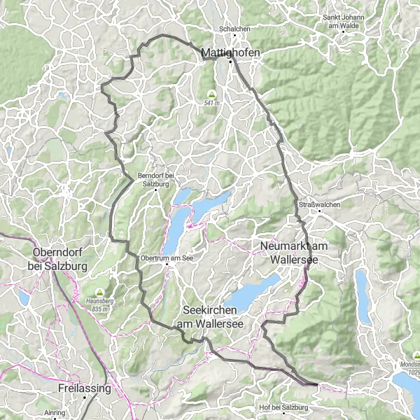 Karttaminiaatyyri "Järviympäristöjen kiertäminen" pyöräilyinspiraatiosta alueella Salzburg, Austria. Luotu Tarmacs.app pyöräilyreittisuunnittelijalla