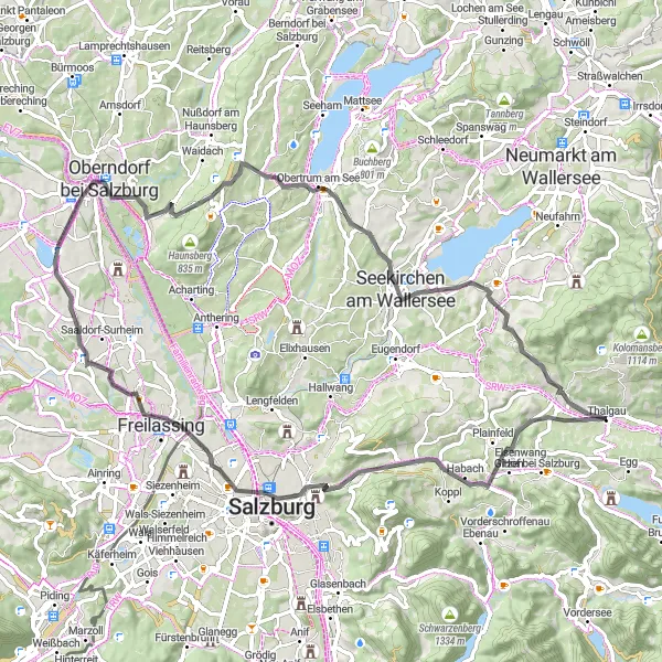 Mapa miniatúra "Okružná cyklotrasa do Thalgau cez Plainfeld a Laufen" cyklistická inšpirácia v Salzburg, Austria. Vygenerované cyklistickým plánovačom trás Tarmacs.app