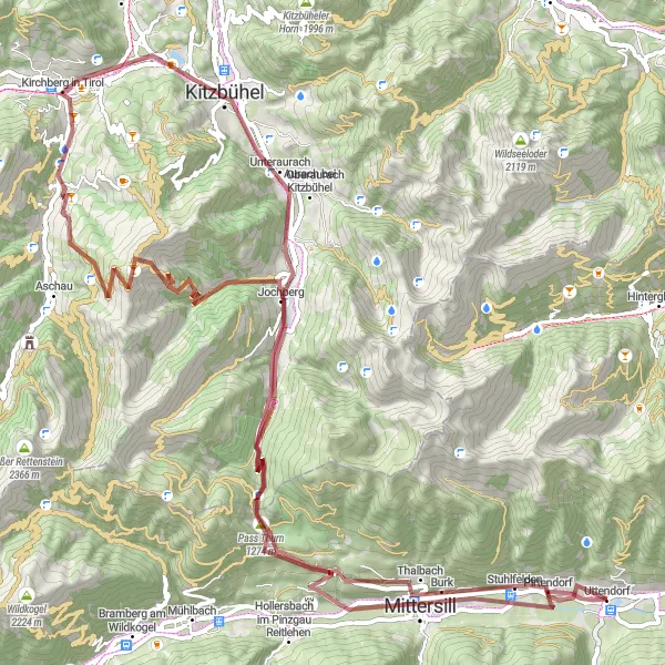 Miniatua del mapa de inspiración ciclista "Ruta de ciclismo por grava hacia Jochberg" en Salzburg, Austria. Generado por Tarmacs.app planificador de rutas ciclistas