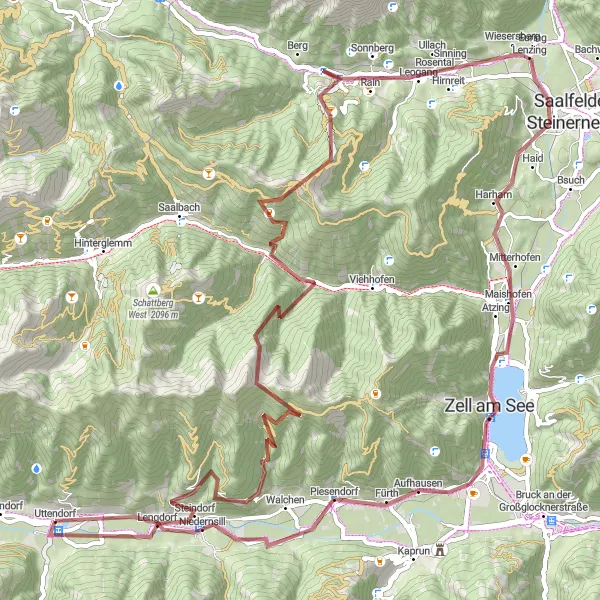 Miniatua del mapa de inspiración ciclista "Aventura en las montañas de gravel" en Salzburg, Austria. Generado por Tarmacs.app planificador de rutas ciclistas