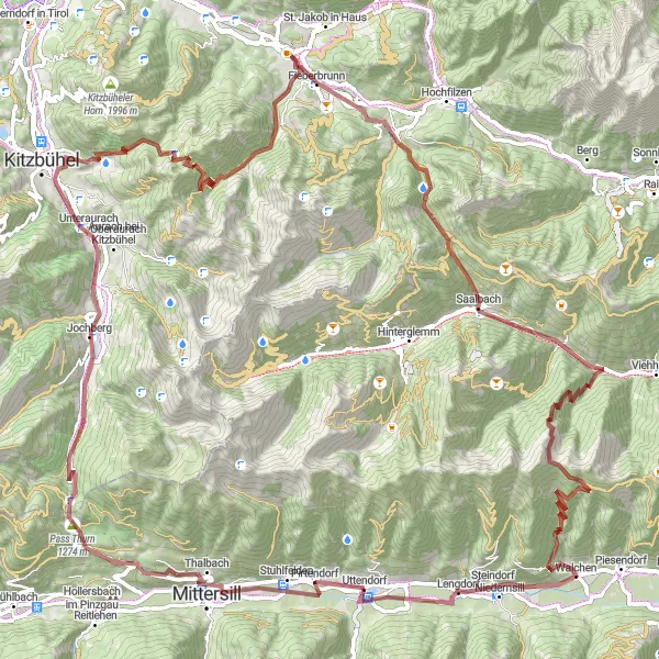 Miniatura della mappa di ispirazione al ciclismo "Giro in bicicletta da Uttendorf" nella regione di Salzburg, Austria. Generata da Tarmacs.app, pianificatore di rotte ciclistiche