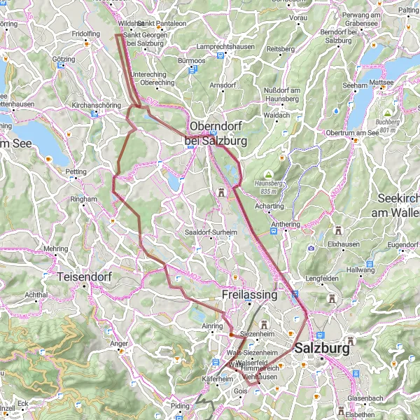 Miniatua del mapa de inspiración ciclista "Ruta Escénica por Salzach y Hangar 7" en Salzburg, Austria. Generado por Tarmacs.app planificador de rutas ciclistas