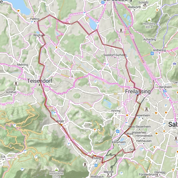 Miniatua del mapa de inspiración ciclista "Ruta de ciclismo de montaña Viehhausen-Piding-Teisendorf-Schloss Seehaus-Freilassing-Wals-Viehhausen" en Salzburg, Austria. Generado por Tarmacs.app planificador de rutas ciclistas