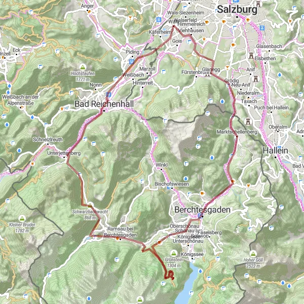 Miniaturní mapa "Gravel Trasa Kleingmainberg - Wals" inspirace pro cyklisty v oblasti Salzburg, Austria. Vytvořeno pomocí plánovače tras Tarmacs.app