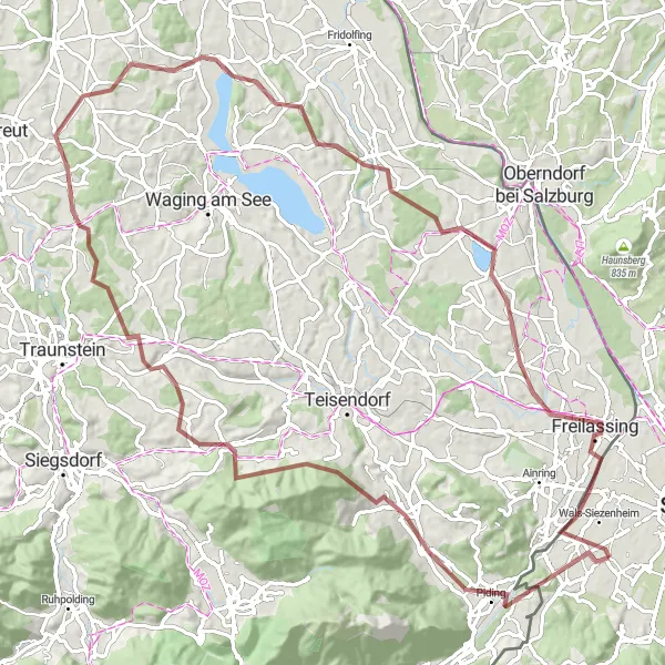 Kartminiatyr av "Utsikter over Alpene på Gravel-banen" sykkelinspirasjon i Salzburg, Austria. Generert av Tarmacs.app sykkelrutoplanlegger