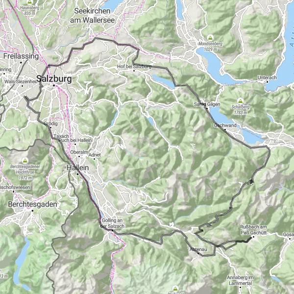 Miniatura della mappa di ispirazione al ciclismo "Avventura su Strada tra Alpenblick e Fuschl am See" nella regione di Salzburg, Austria. Generata da Tarmacs.app, pianificatore di rotte ciclistiche
