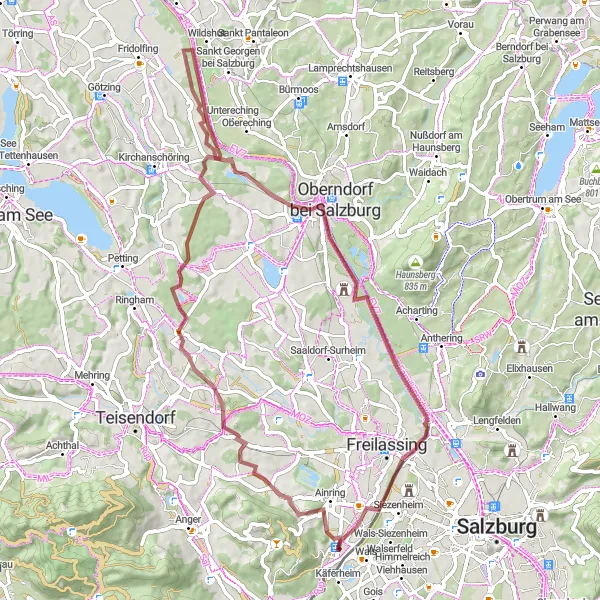 Map miniature of "Scenic Gravel Ride: Ainring to Saalachspitz" cycling inspiration in Salzburg, Austria. Generated by Tarmacs.app cycling route planner