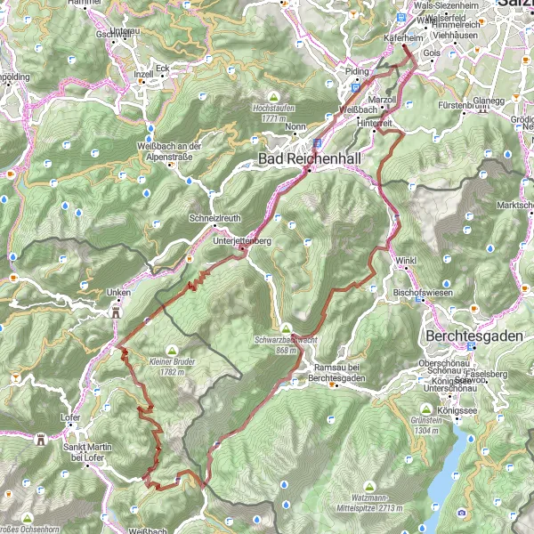 Karttaminiaatyyri "Wals - Pfaffenkogel - Bad Reichenhall Loop" pyöräilyinspiraatiosta alueella Salzburg, Austria. Luotu Tarmacs.app pyöräilyreittisuunnittelijalla