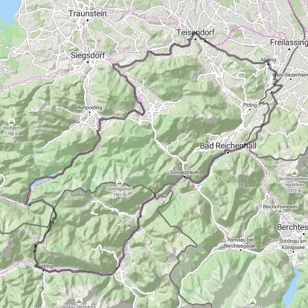 Karttaminiaatyyri "Seikkailu Alppien laaksoissa" pyöräilyinspiraatiosta alueella Salzburg, Austria. Luotu Tarmacs.app pyöräilyreittisuunnittelijalla