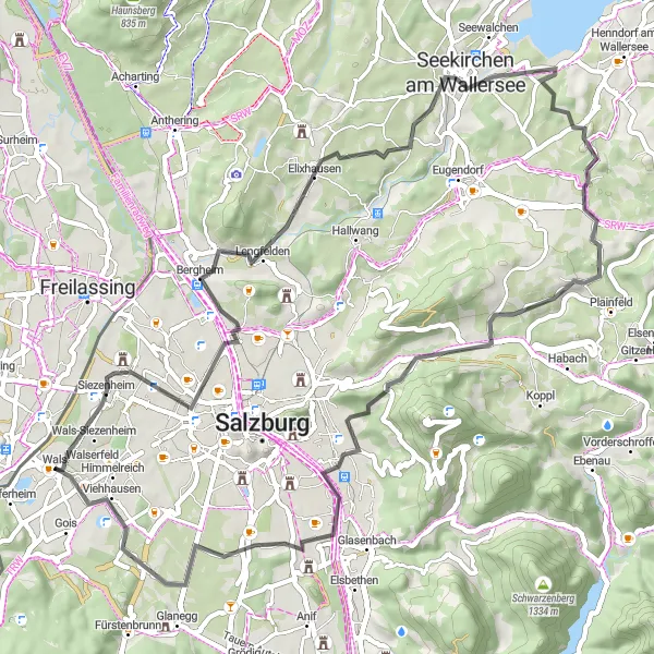 Karttaminiaatyyri "Kulttuurin ja historiallisuuden poluilla" pyöräilyinspiraatiosta alueella Salzburg, Austria. Luotu Tarmacs.app pyöräilyreittisuunnittelijalla