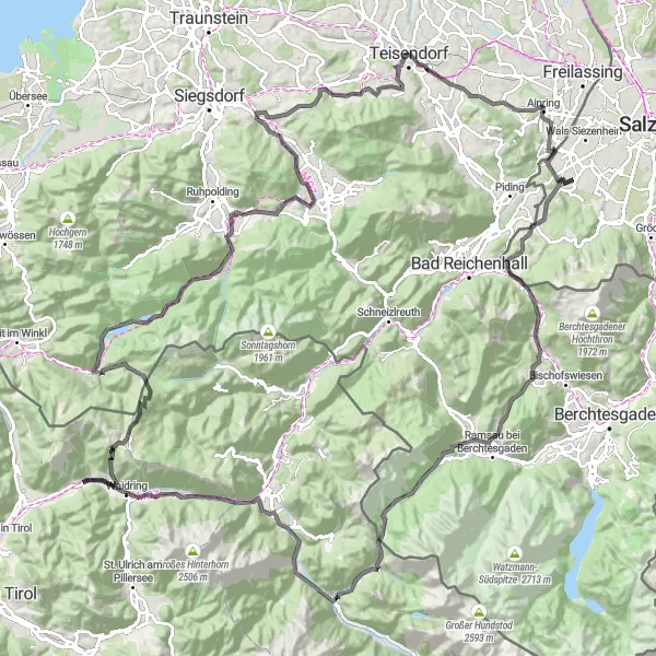 Map miniature of "Wals to Großgmain and Pass Strub" cycling inspiration in Salzburg, Austria. Generated by Tarmacs.app cycling route planner