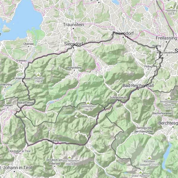 Karttaminiaatyyri "Historiallista maaseutua ja alppimaisemia" pyöräilyinspiraatiosta alueella Salzburg, Austria. Luotu Tarmacs.app pyöräilyreittisuunnittelijalla