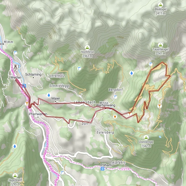 Karttaminiaatyyri "Werfen - Pfarrwerfen - Festung Hohenwerfen - Werfen" pyöräilyinspiraatiosta alueella Salzburg, Austria. Luotu Tarmacs.app pyöräilyreittisuunnittelijalla