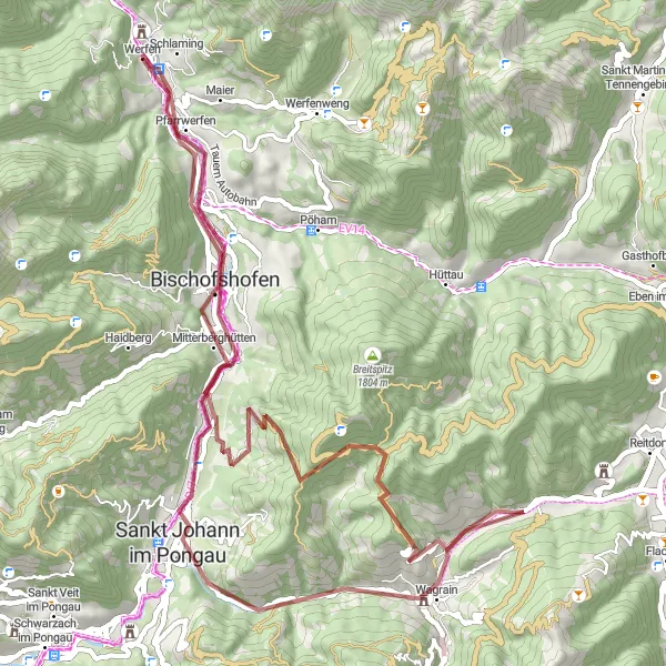 Karttaminiaatyyri "Werfen - Bischofshofen Loop" pyöräilyinspiraatiosta alueella Salzburg, Austria. Luotu Tarmacs.app pyöräilyreittisuunnittelijalla