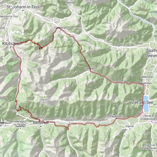 Mapa miniatúra "Gravel okruh okolo Zell am See" cyklistická inšpirácia v Salzburg, Austria. Vygenerované cyklistickým plánovačom trás Tarmacs.app