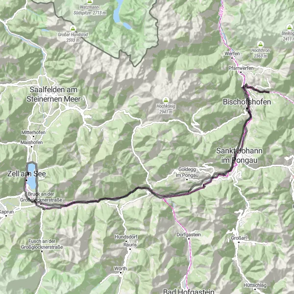 Miniatua del mapa de inspiración ciclista "Desafío de Carretera en los Alpes" en Salzburg, Austria. Generado por Tarmacs.app planificador de rutas ciclistas