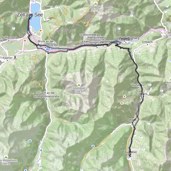 Kartminiatyr av "Rundtur til Zeller See gjennom Naturpark Hohe Tauern" sykkelinspirasjon i Salzburg, Austria. Generert av Tarmacs.app sykkelrutoplanlegger